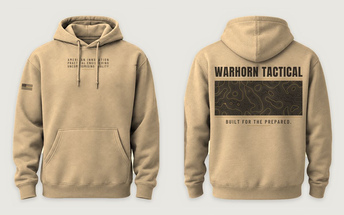 Core Values Hoodie in Sandstone shown front and back: American Innovation / Practical Engineering / Uncompromising Quality, center chest. Thin-gold-line flag, right sleeve; back: WARHORN TACTICAL over a topographic band and “Built for the Prepared.”