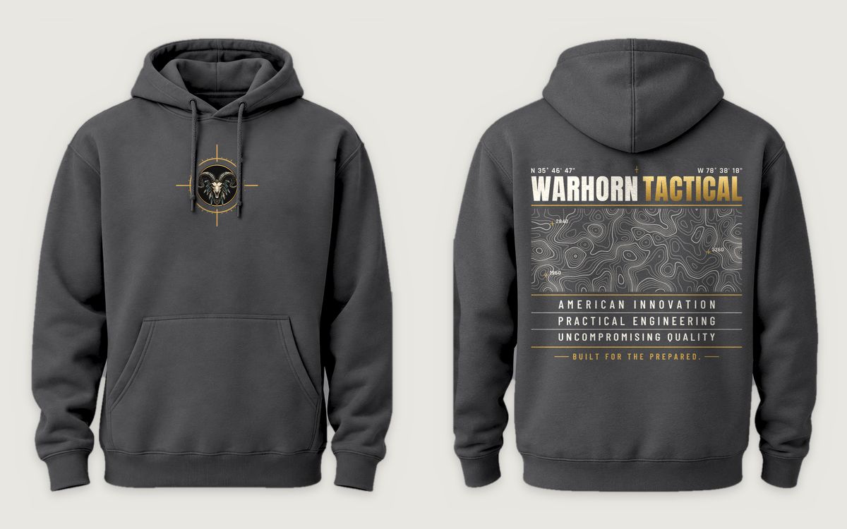 Field Spec Hoodie in Charcoal Solid shown front and back: Full-color Warhorn ram reticle, center chest; back: WARHORN TACTICAL over a topographic panel, American Innovation / Practical Engineering / Uncompromising Quality and “Built for the Prepared.”