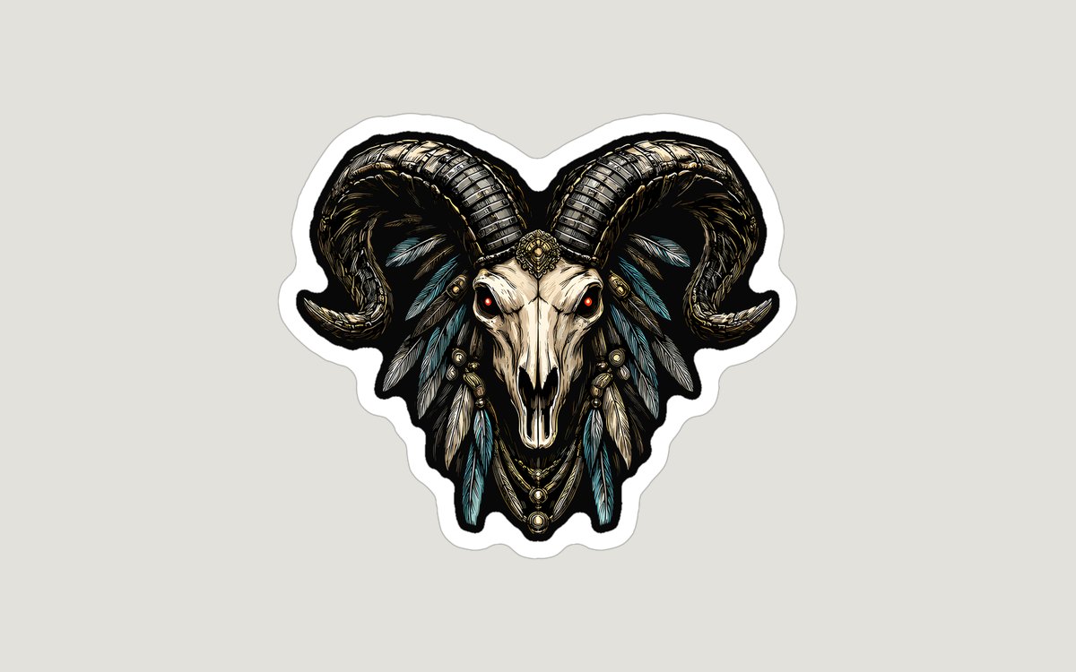 Ram Skull die-cut sticker: the Warhorn ram skull cut to shape with a white border