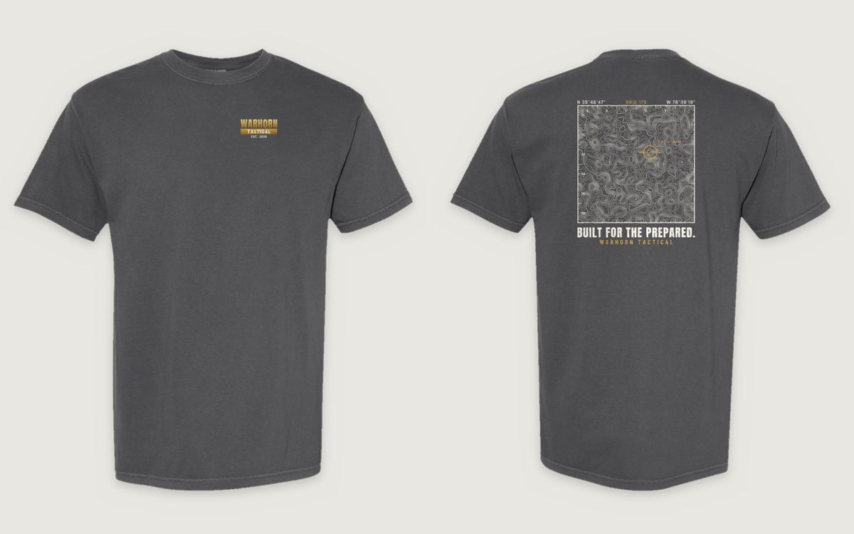 Topo Recon Tee in Pepper shown front and back: WARHORN TACTICAL lettering, left chest; back: Full-back topographic map panel with grid coordinates, an OBJ // RAM reticle and “Built for the Prepared.”